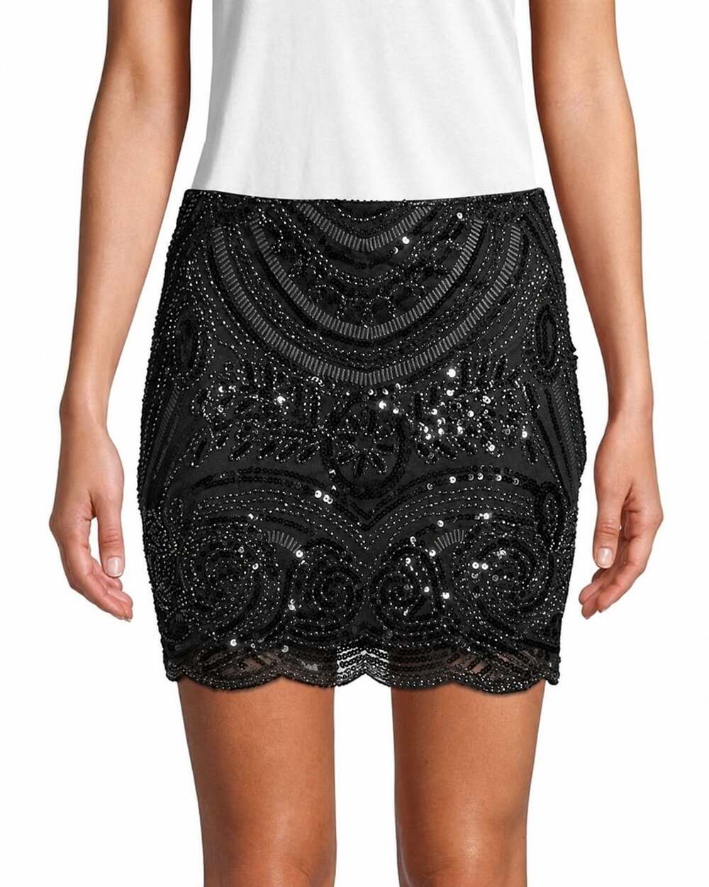 NWT Endless Rose Black Sequin Beaded Mini Skirt Scalloped Art Deco Size M